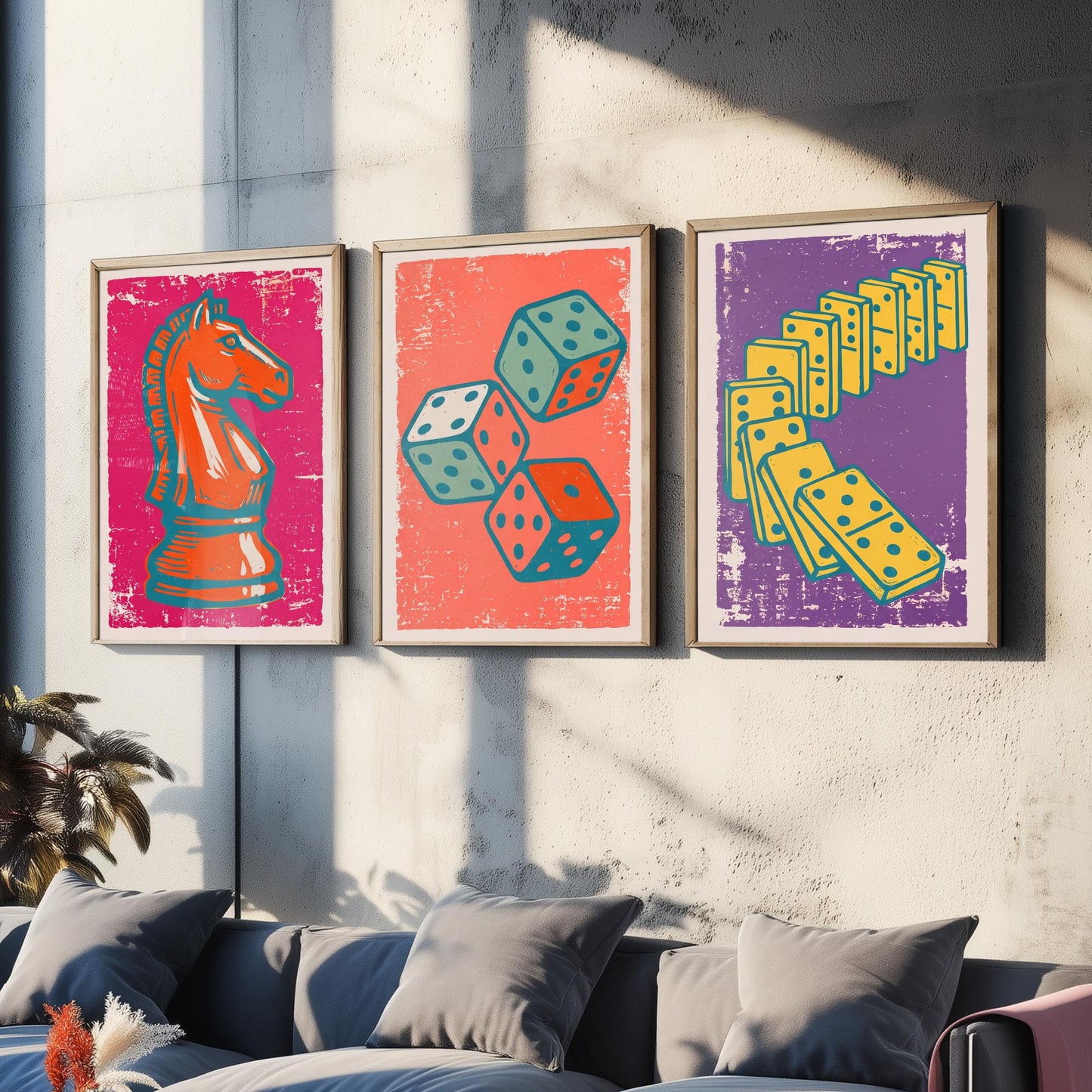 Chess Knight, Dice & Dominoes Set of Three Art Prints - Linocut Board Game Illustrations - Games Room Triptych Posters V1