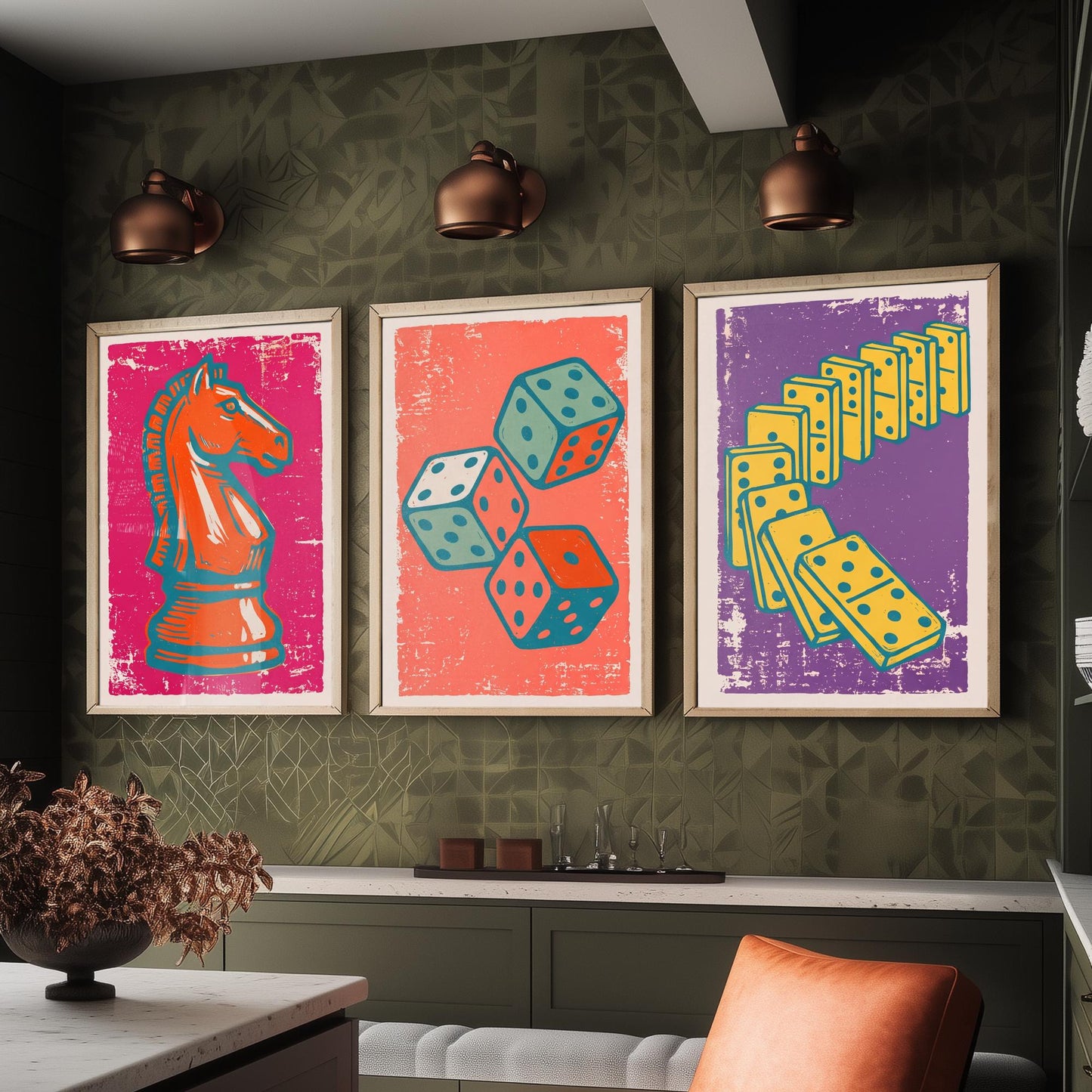 Chess Knight, Dice & Dominoes Set of Three Art Prints - Linocut Board Game Illustrations - Games Room Triptych Posters V1