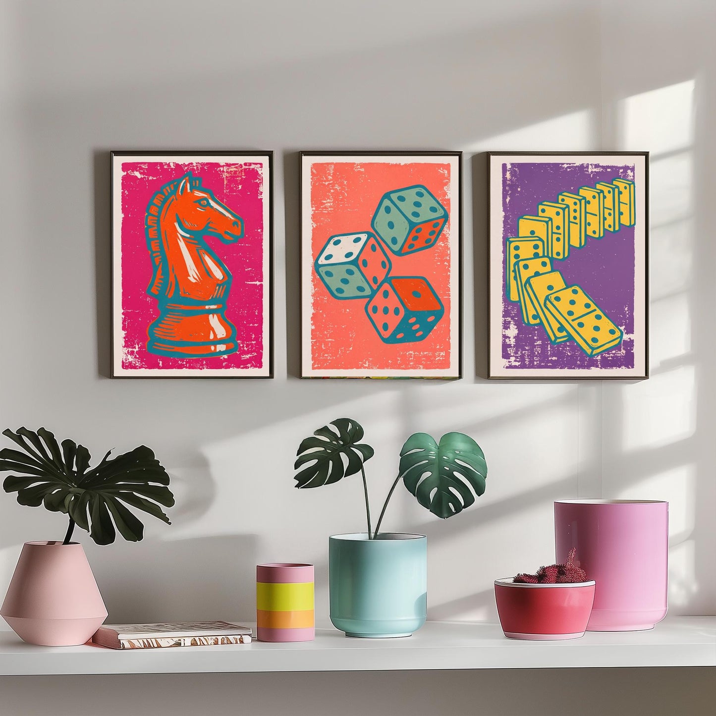 Chess Knight, Dice & Dominoes Set of Three Art Prints - Linocut Board Game Illustrations - Games Room Triptych Posters V1