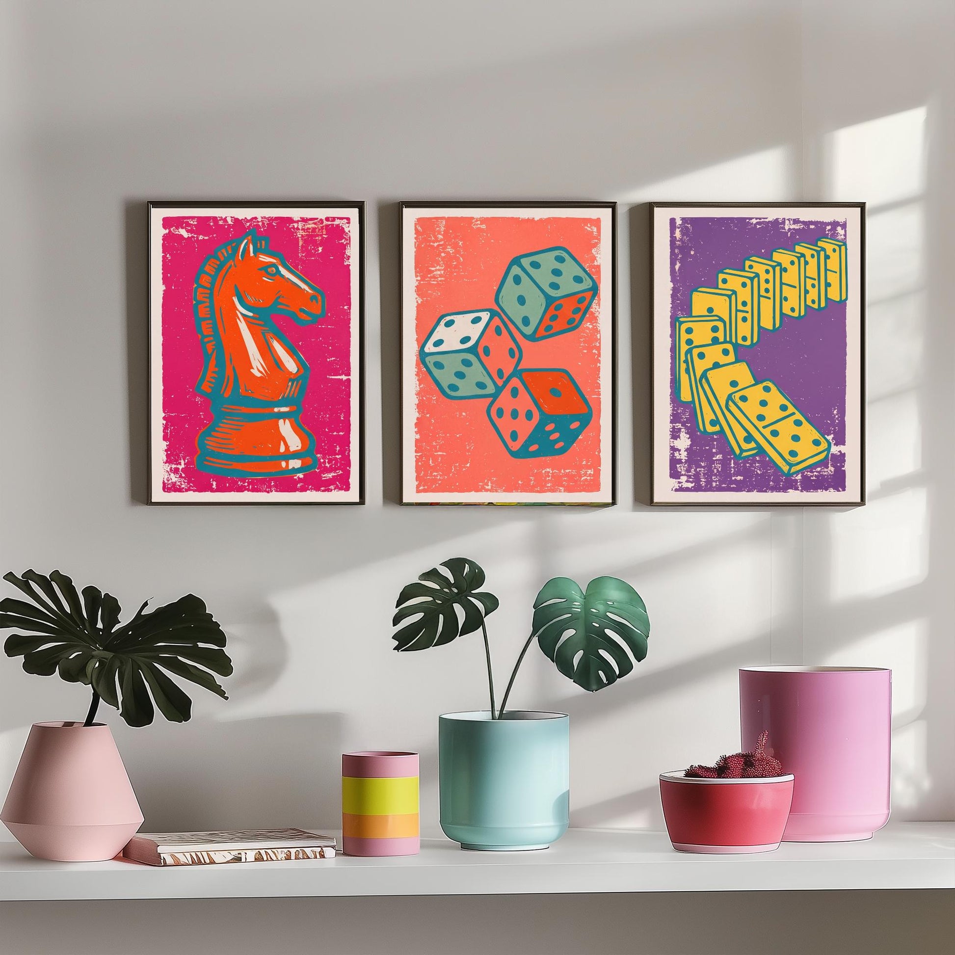 Chess Knight, Dice & Dominoes Set of Three Art Prints - Linocut Board Game Illustrations - Games Room Triptych Posters V1