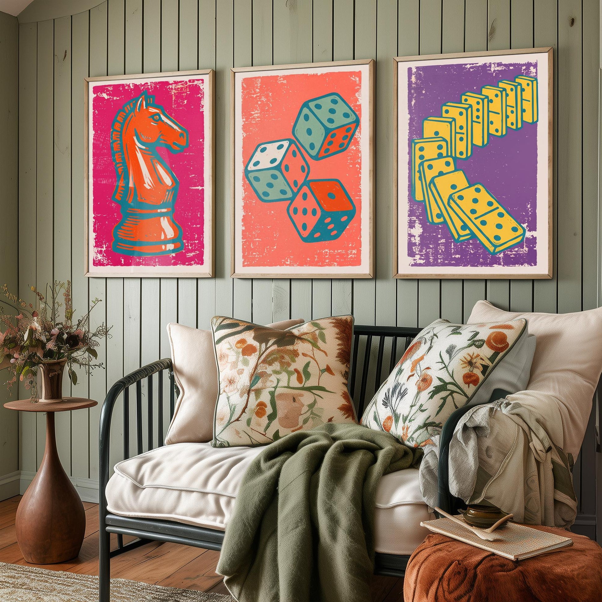 Chess Knight, Dice & Dominoes Set of Three Art Prints - Linocut Board Game Illustrations - Games Room Triptych Posters V1