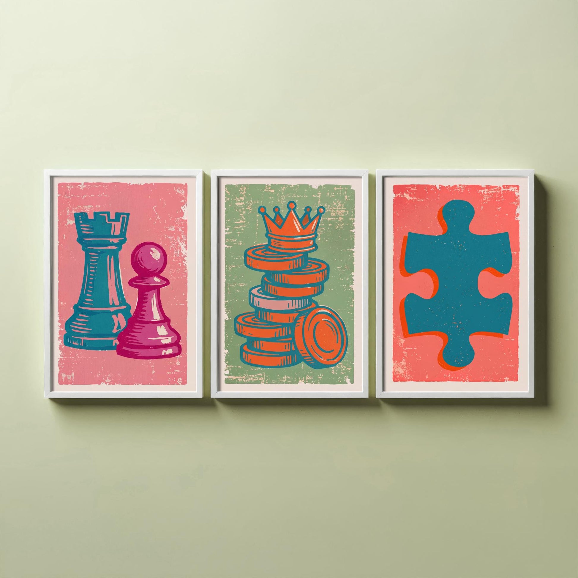 Chess Rook & Pawn, Draughts, Jigsaw Piece Set of Three Art Prints - Linocut Board Game Illustrations - Triptych Posters V2