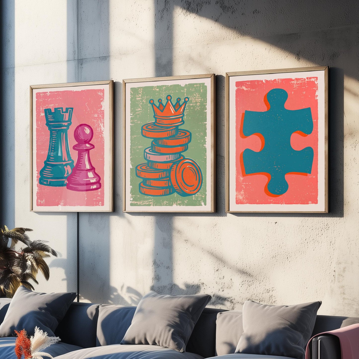 Chess Rook & Pawn, Draughts, Jigsaw Piece Set of Three Art Prints - Linocut Board Game Illustrations - Triptych Posters V2
