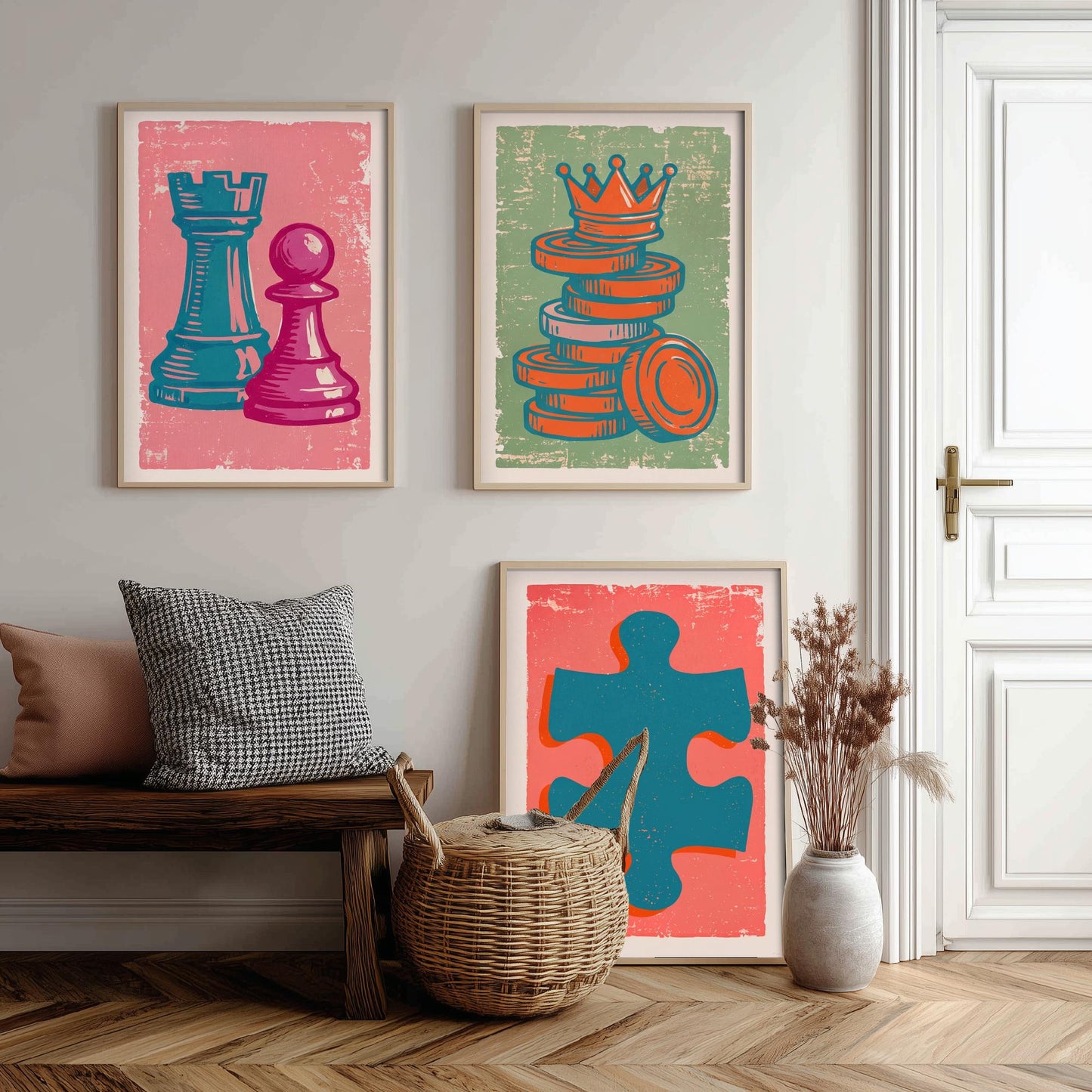 Chess Rook & Pawn, Draughts, Jigsaw Piece Set of Three Art Prints - Linocut Board Game Illustrations - Triptych Posters V2