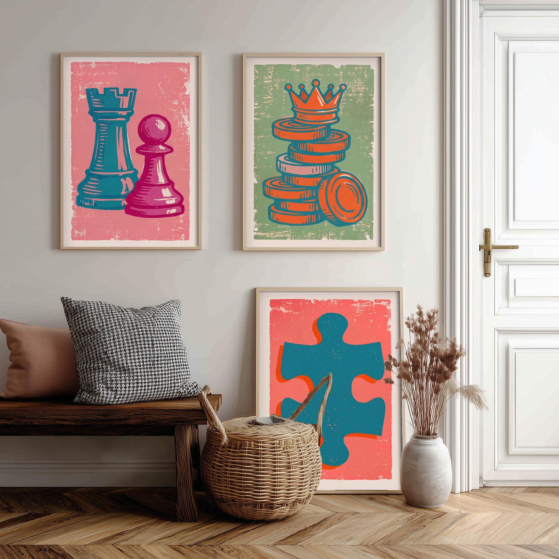 Chess Rook & Pawn, Draughts, Jigsaw Piece Set of Three Art Prints - Linocut Board Game Illustrations - Triptych Posters V2