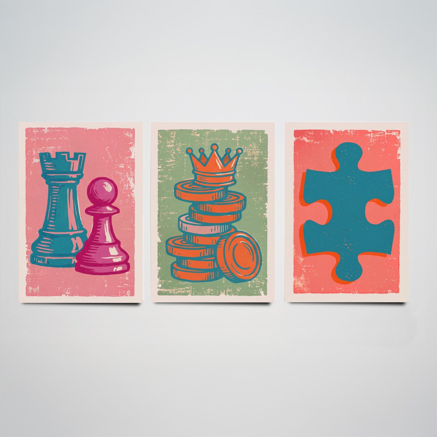 Chess Rook & Pawn, Draughts, Jigsaw Piece Set of Three Art Prints - Linocut Board Game Illustrations - Triptych Posters V2