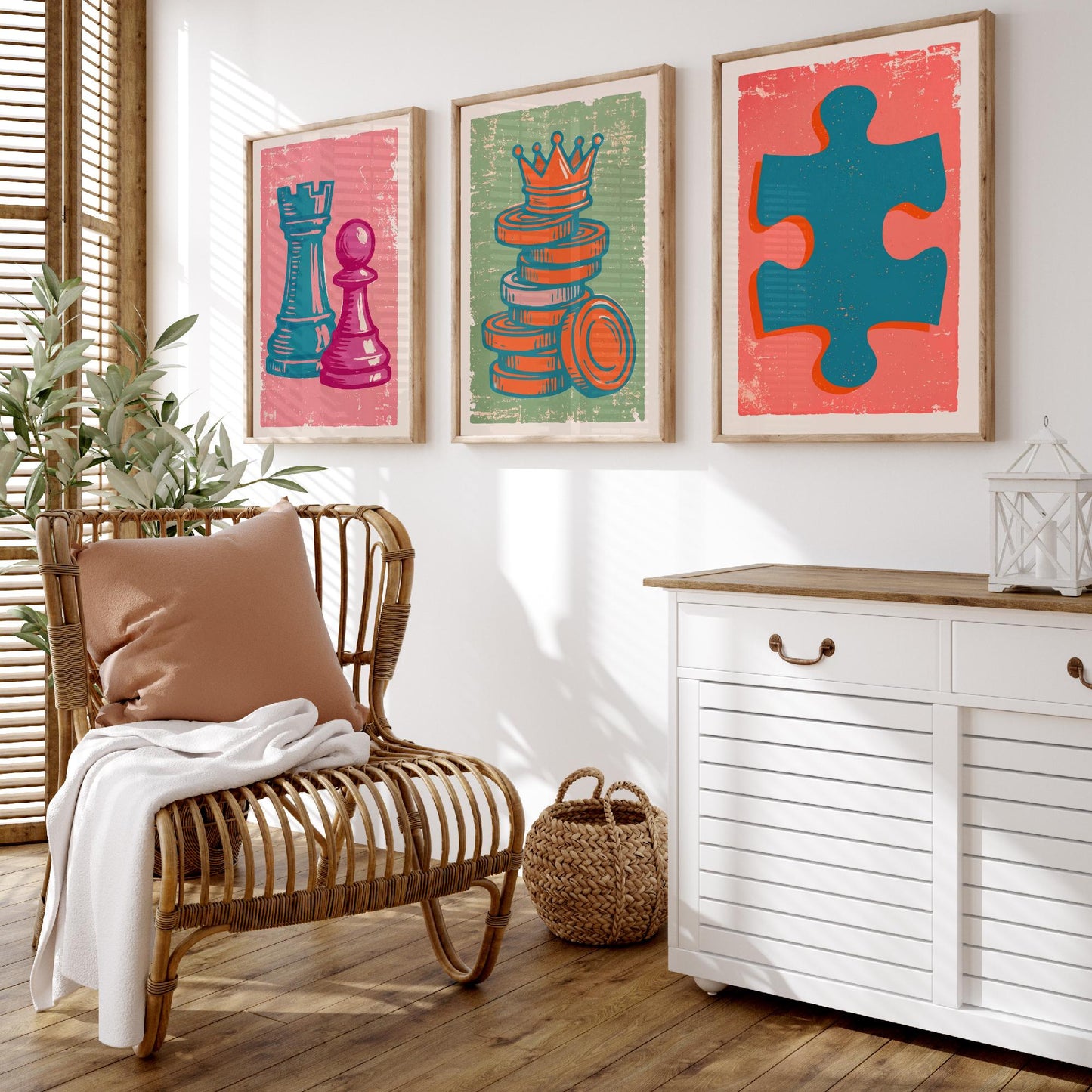 Chess Rook & Pawn, Draughts, Jigsaw Piece Set of Three Art Prints - Linocut Board Game Illustrations - Triptych Posters V2