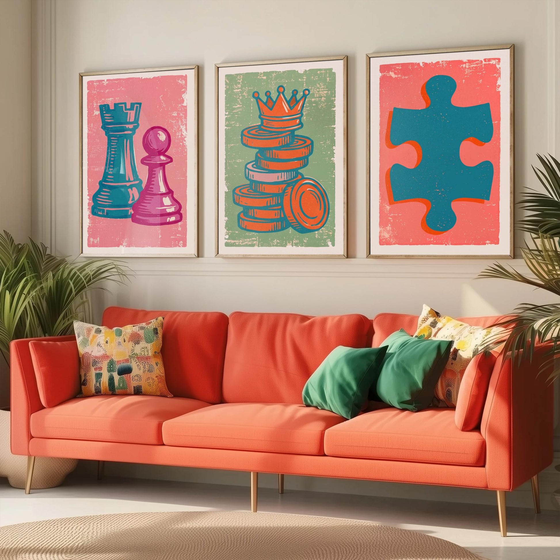 Chess Rook & Pawn, Draughts, Jigsaw Piece Set of Three Art Prints - Linocut Board Game Illustrations - Triptych Posters V2