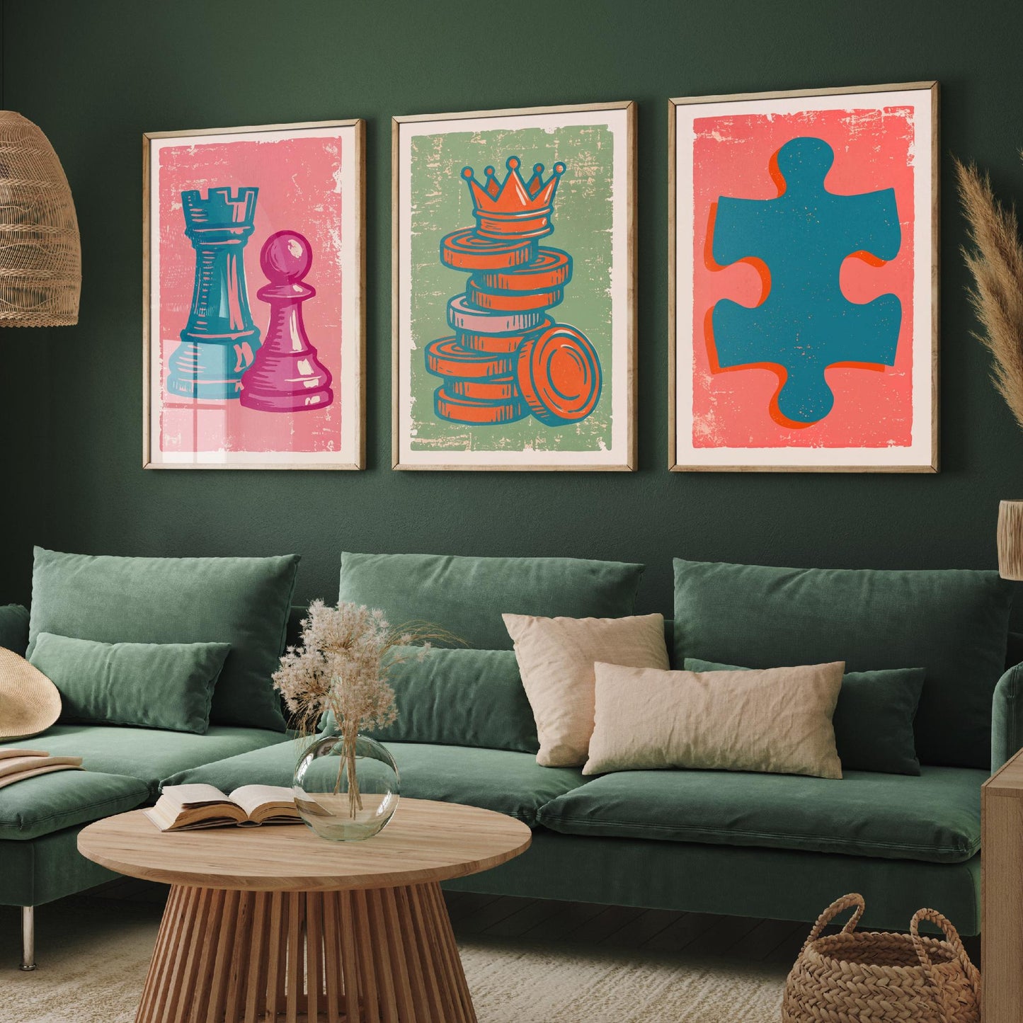 Chess Rook & Pawn, Draughts, Jigsaw Piece Set of Three Art Prints - Linocut Board Game Illustrations - Triptych Posters V2