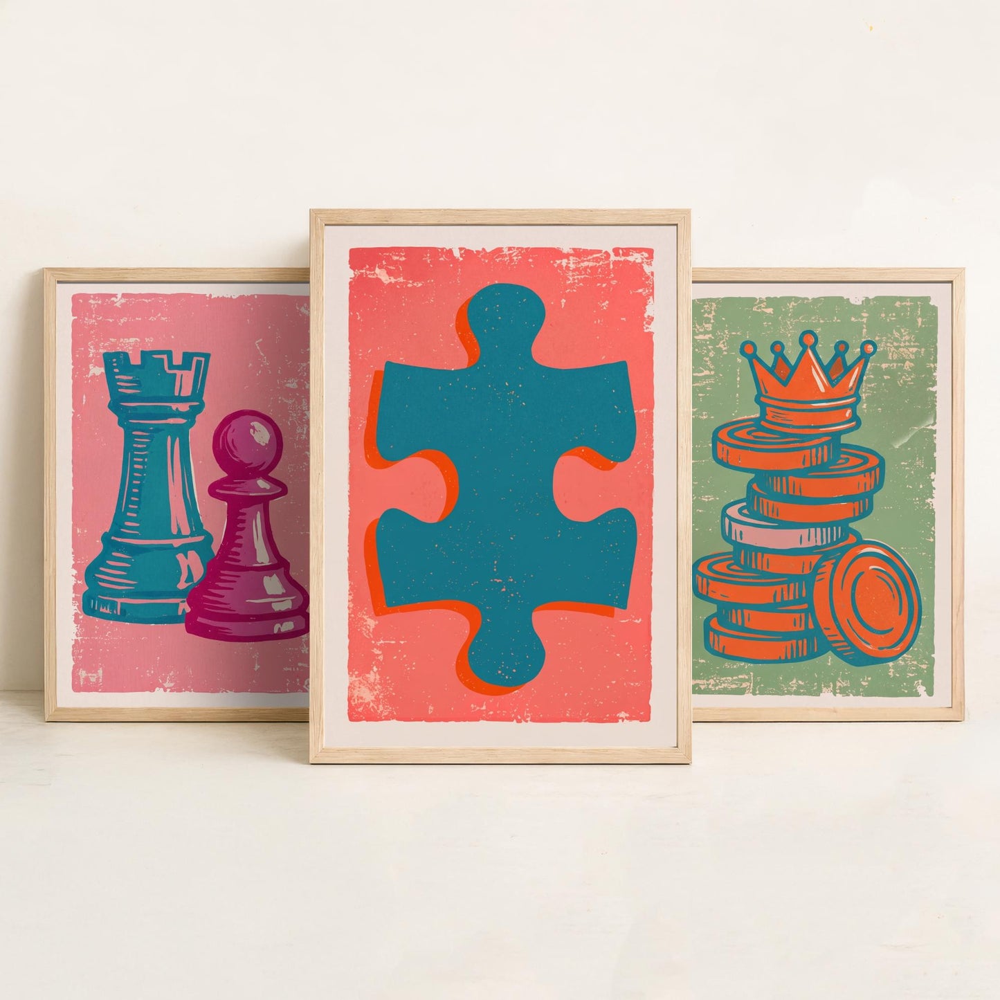 Chess Rook & Pawn, Draughts, Jigsaw Piece Set of Three Art Prints - Linocut Board Game Illustrations - Triptych Posters V2