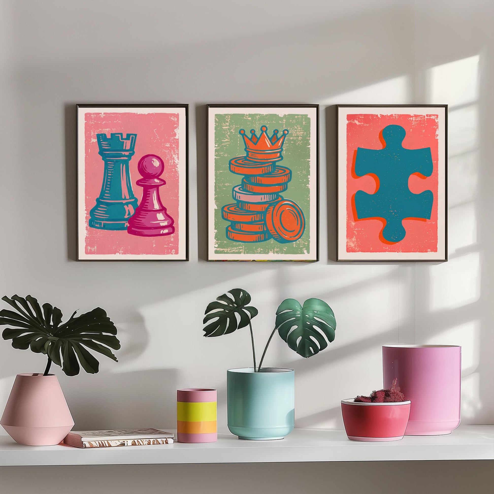 Chess Rook & Pawn, Draughts, Jigsaw Piece Set of Three Art Prints - Linocut Board Game Illustrations - Triptych Posters V2