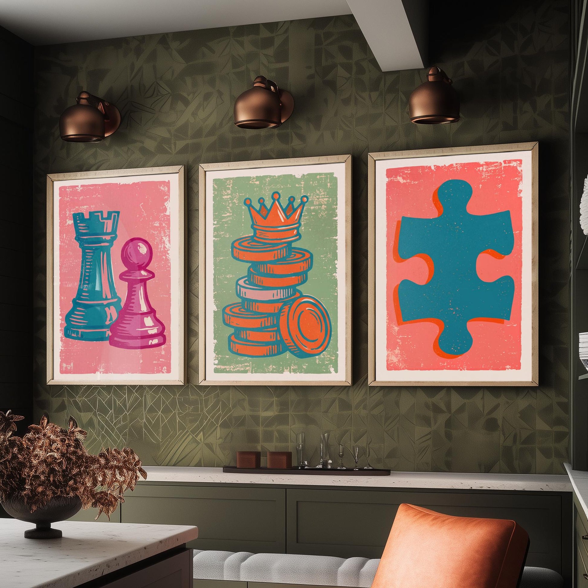 Chess Rook & Pawn, Draughts, Jigsaw Piece Set of Three Art Prints - Linocut Board Game Illustrations - Triptych Posters V2