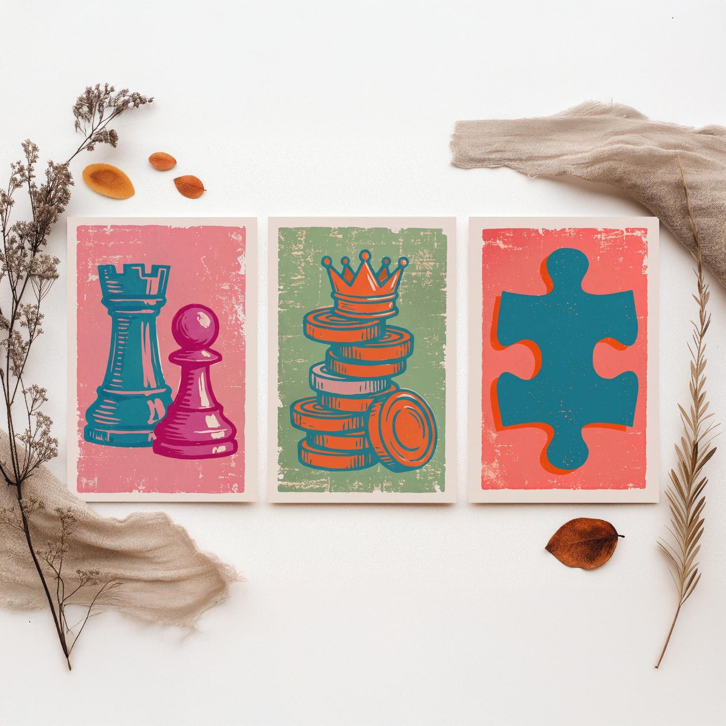 Chess Rook & Pawn, Draughts, Jigsaw Piece Set of Three Art Prints - Linocut Board Game Illustrations - Triptych Posters V2