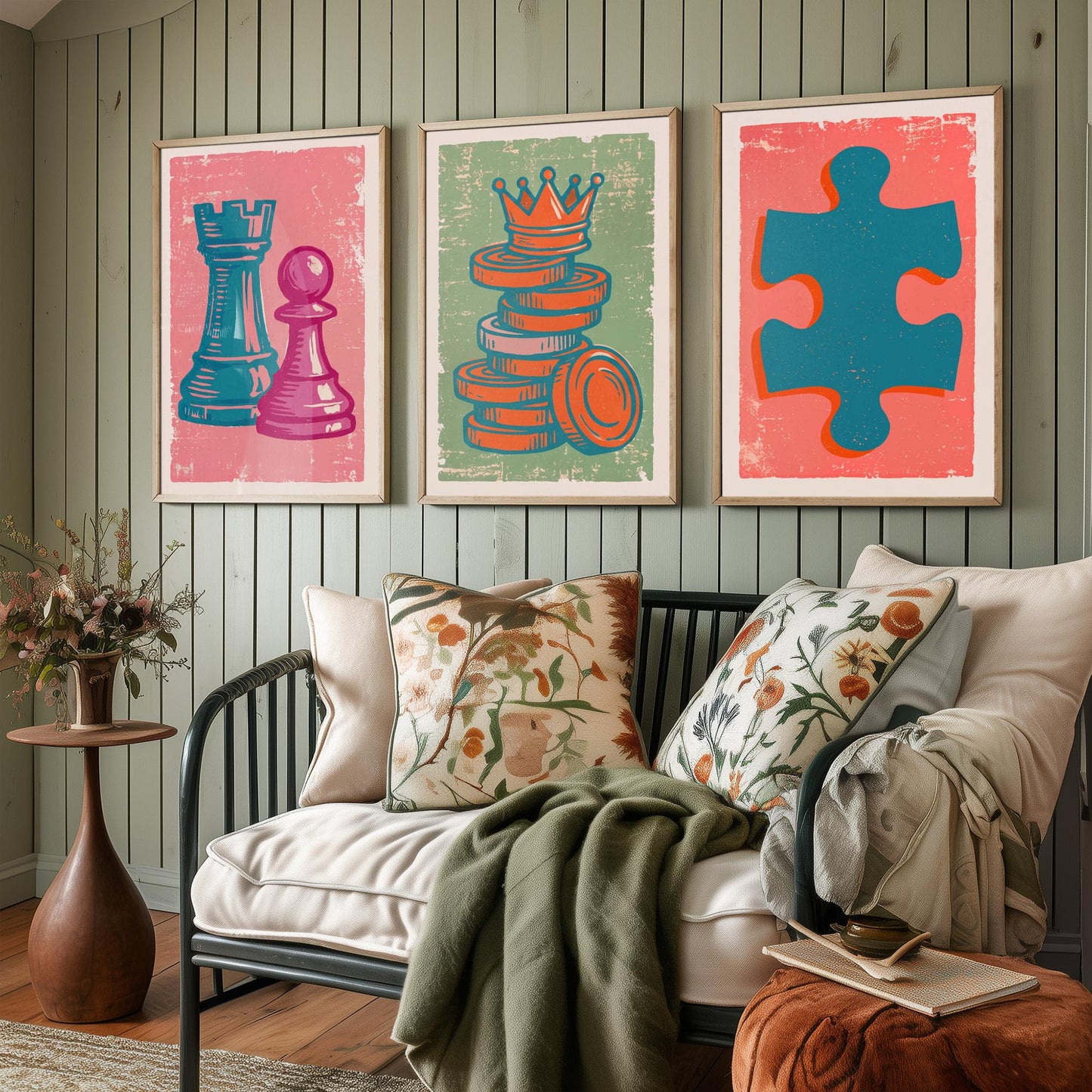 Chess Rook & Pawn, Draughts, Jigsaw Piece Set of Three Art Prints - Linocut Board Game Illustrations - Triptych Posters V2