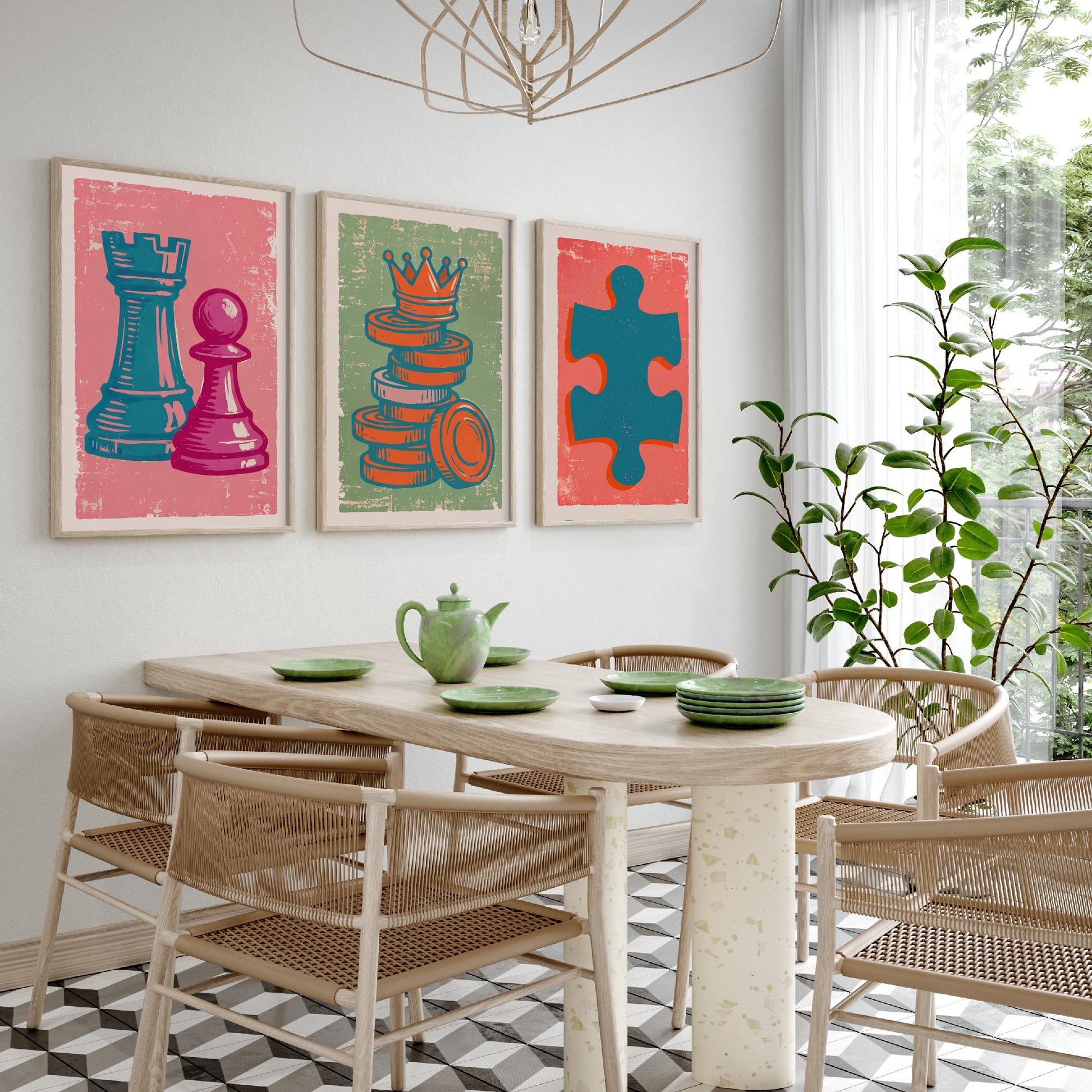 Chess Rook & Pawn, Draughts, Jigsaw Piece Set of Three Art Prints - Linocut Board Game Illustrations - Triptych Posters V2