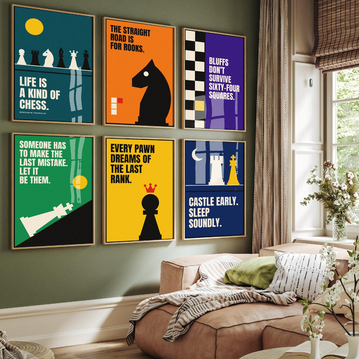 Set of Six Chess Quote Art Prints - 6 Bauhaus Strategy Posters - Minimalist Game Room Illustration - Knight, Rook, Pawn