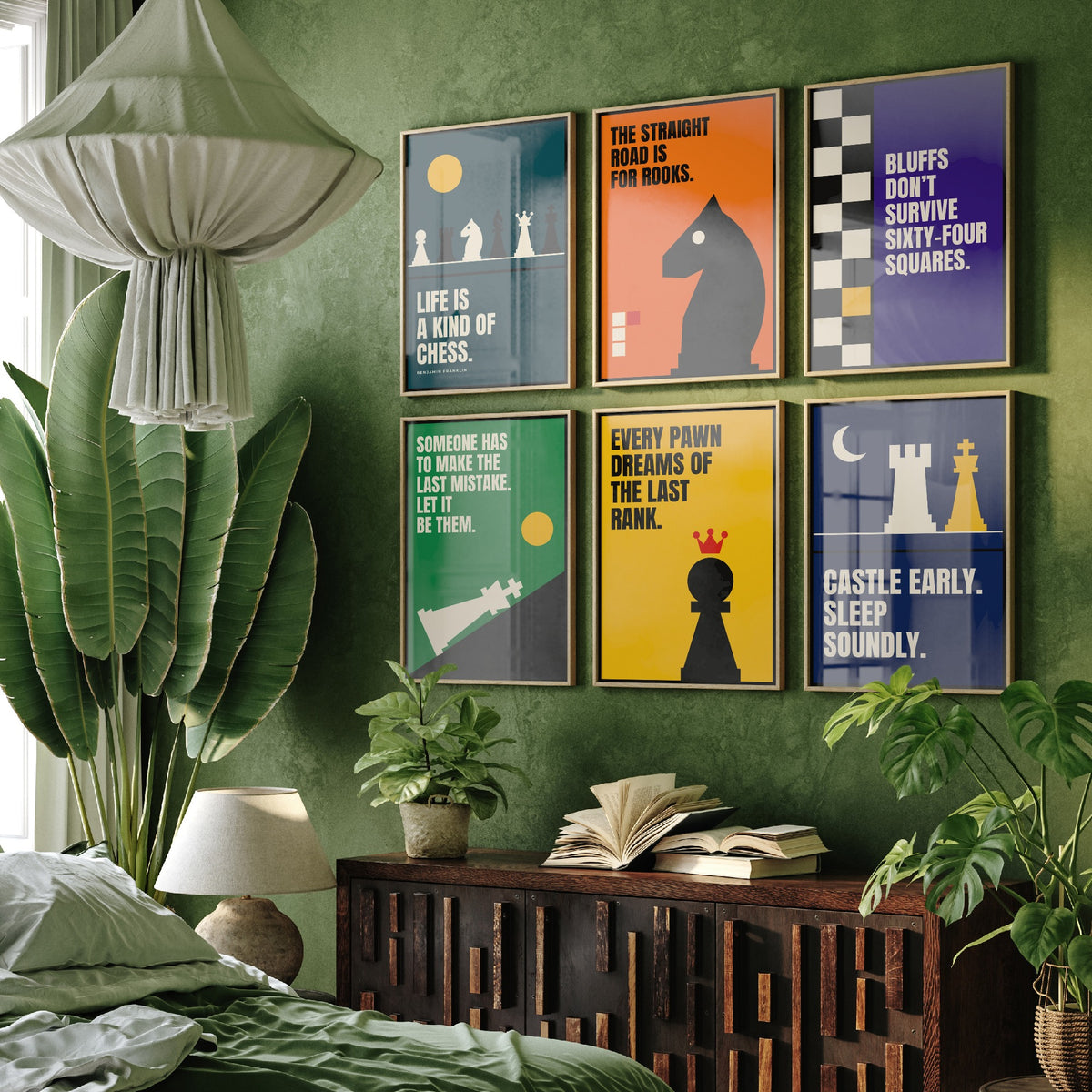 Set of Six Chess Quote Art Prints - 6 Bauhaus Strategy Posters - Minimalist Game Room Illustration - Knight, Rook, Pawn