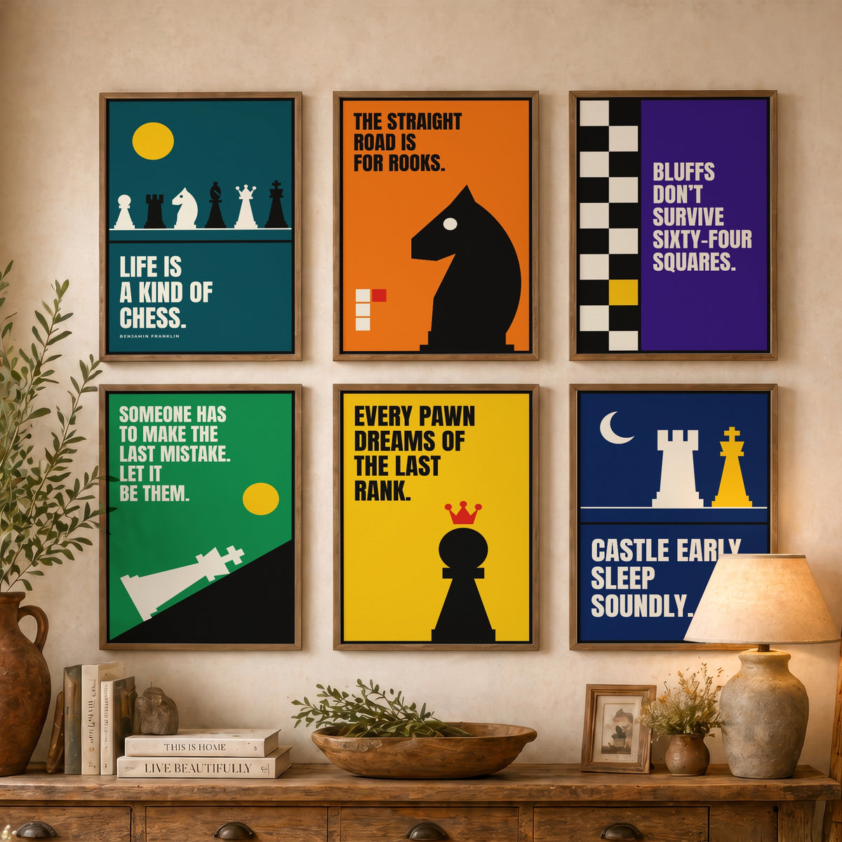 Set of Six Chess Quote Art Prints - 6 Bauhaus Strategy Posters - Minimalist Game Room Illustration - Knight, Rook, Pawn