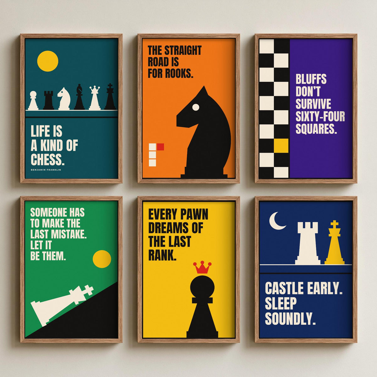 Set of Six Chess Quote Art Prints - 6 Bauhaus Strategy Posters - Minimalist Game Room Illustration - Knight, Rook, Pawn
