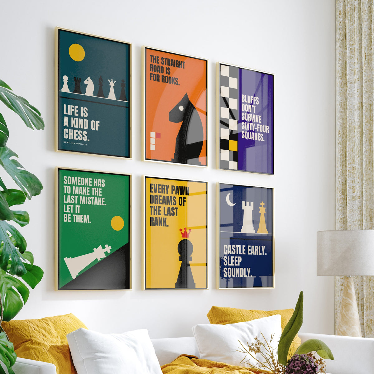Set of Six Chess Quote Art Prints - 6 Bauhaus Strategy Posters - Minimalist Game Room Illustration - Knight, Rook, Pawn
