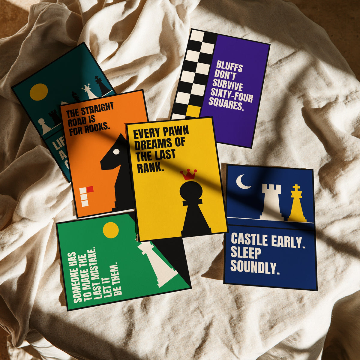 Set of Six Chess Quote Art Prints - 6 Bauhaus Strategy Posters - Minimalist Game Room Illustration - Knight, Rook, Pawn