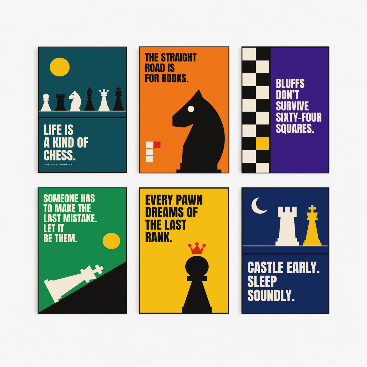 Set of Six Chess Quote Art Prints - 6 Bauhaus Strategy Posters - Minimalist Game Room Illustration - Knight, Rook, Pawn