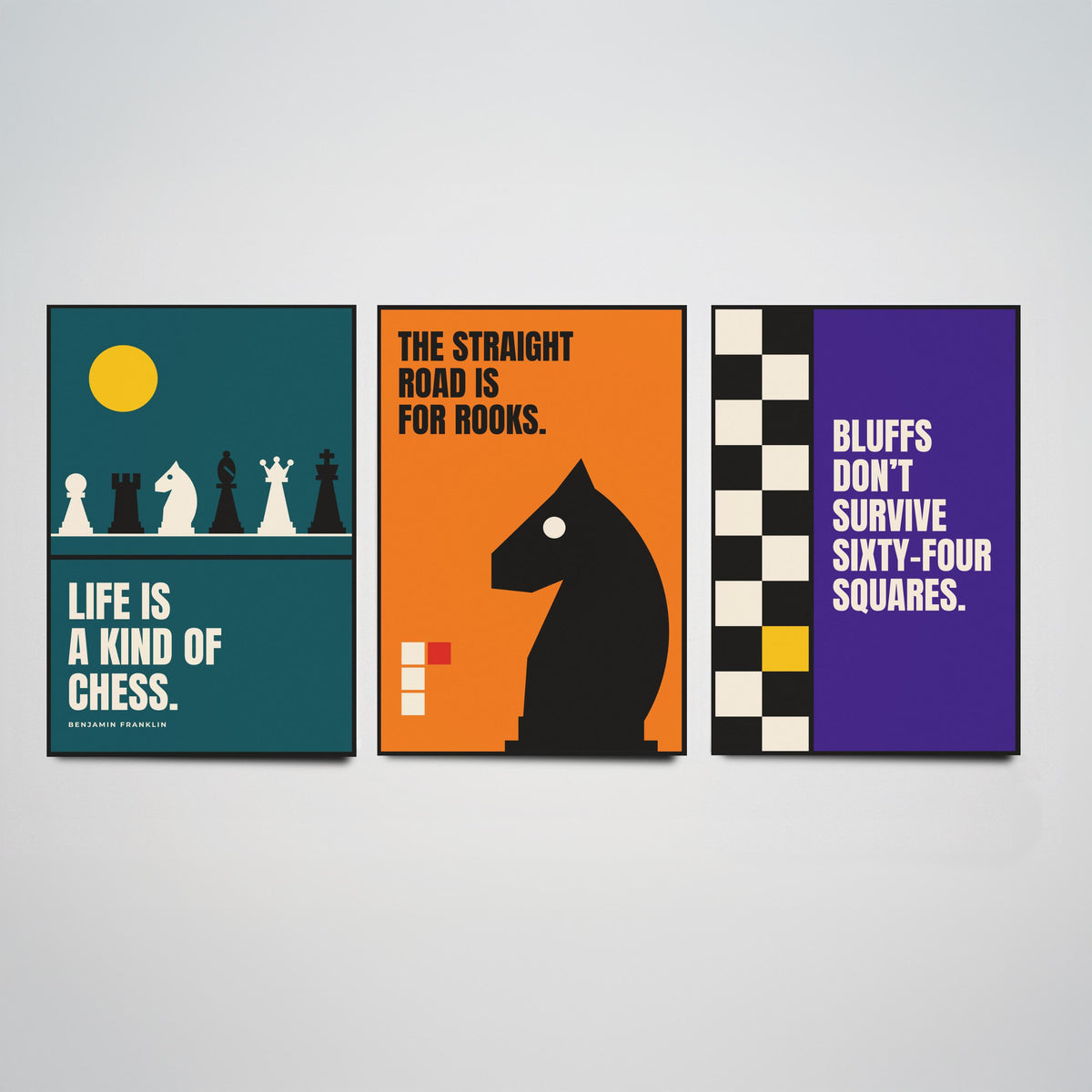 Chess Quotes Set of Three Art Prints - 3 Bauhaus Strategy Posters - Minimalist Game Room Wall Art Illustration V1
