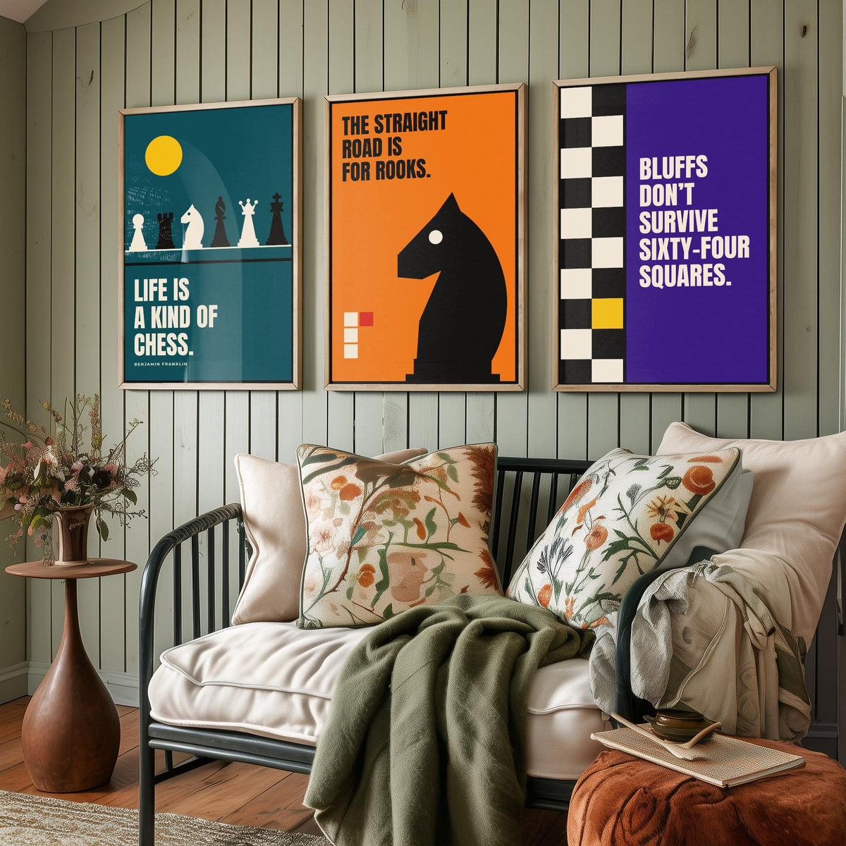 Chess Quotes Set of Three Art Prints - 3 Bauhaus Strategy Posters - Minimalist Game Room Wall Art Illustration V1