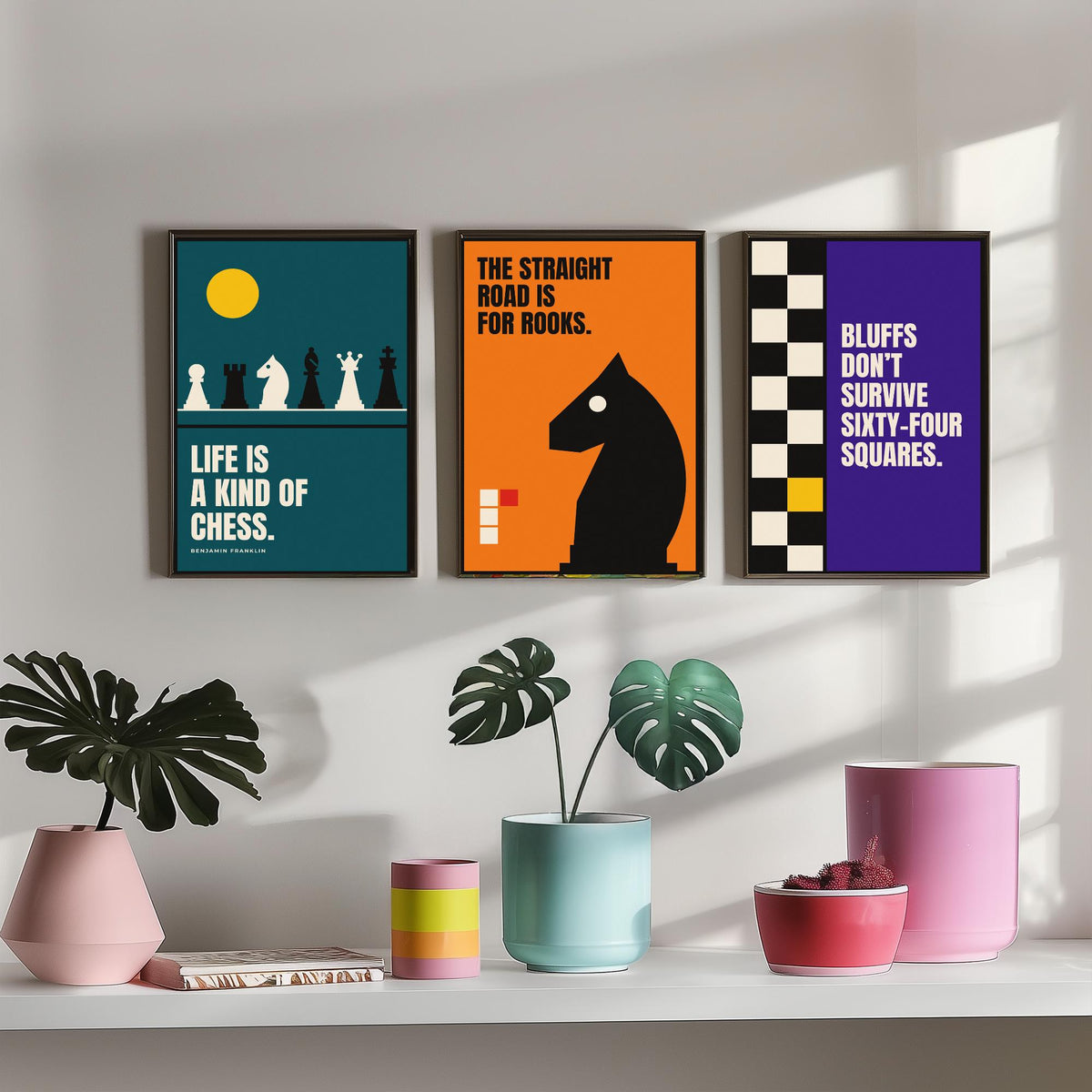Chess Quotes Set of Three Art Prints - 3 Bauhaus Strategy Posters - Minimalist Game Room Wall Art Illustration V1
