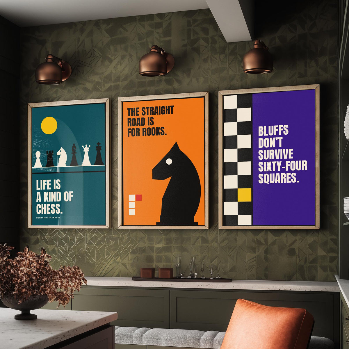 Chess Quotes Set of Three Art Prints - 3 Bauhaus Strategy Posters - Minimalist Game Room Wall Art Illustration V1