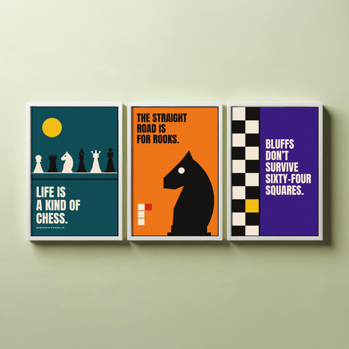 Chess Quotes Set of Three Art Prints - 3 Bauhaus Strategy Posters - Minimalist Game Room Wall Art Illustration V1