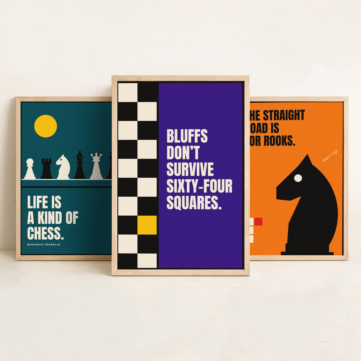 Chess Quotes Set of Three Art Prints - 3 Bauhaus Strategy Posters - Minimalist Game Room Wall Art Illustration V1