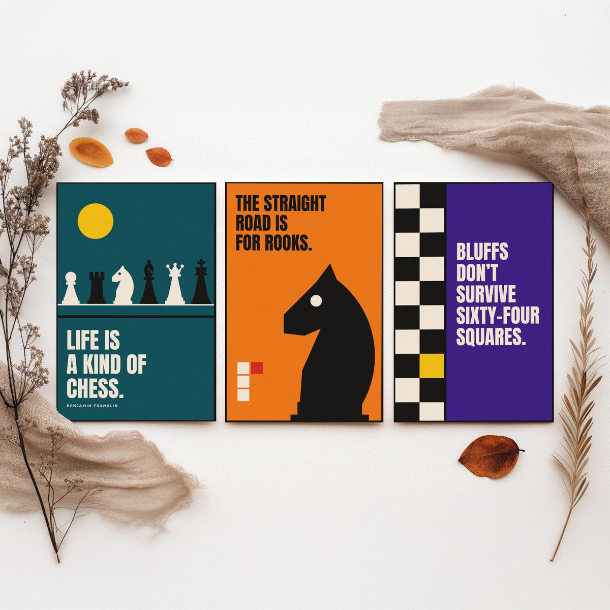 Chess Quotes Set of Three Art Prints - 3 Bauhaus Strategy Posters - Minimalist Game Room Wall Art Illustration V1