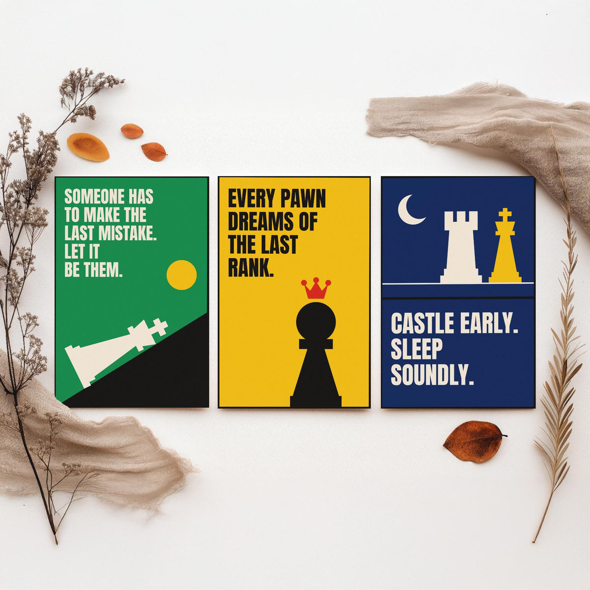 Chess Quotes Set of Three Art Prints - 3 Retro Bauhaus Strategy Posters - Minimalist Game Room Wall Art Illustration V2