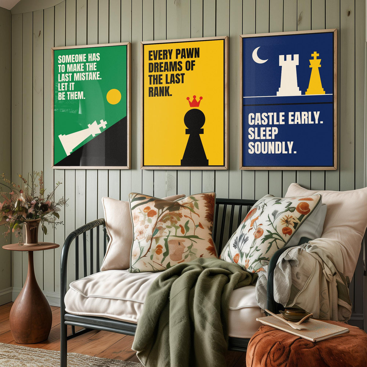 Chess Quotes Set of Three Art Prints - 3 Retro Bauhaus Strategy Posters - Minimalist Game Room Wall Art Illustration V2