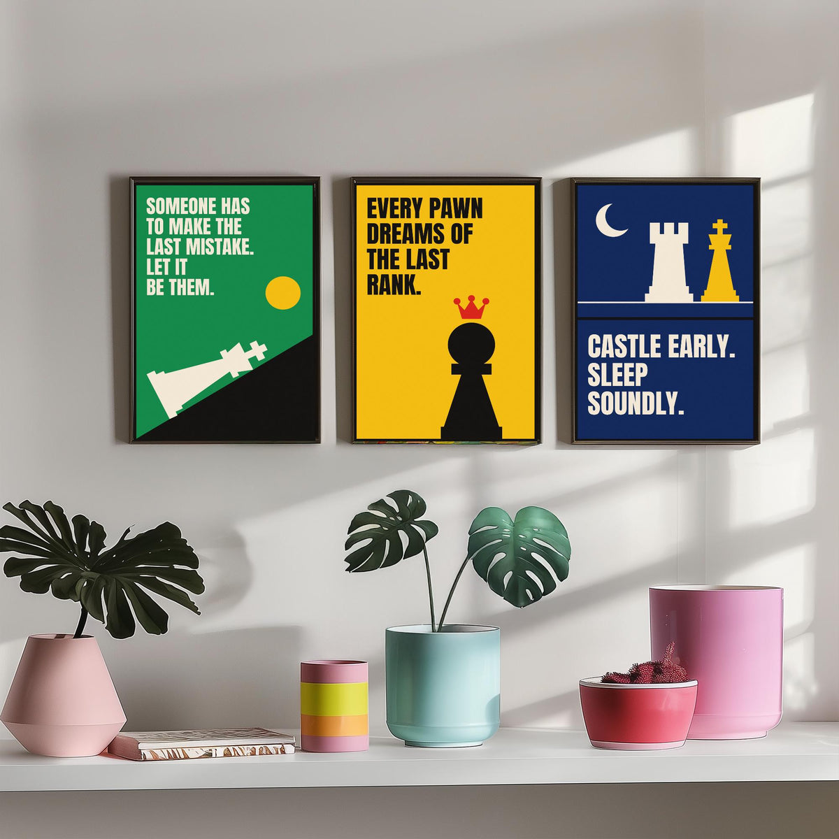 Chess Quotes Set of Three Art Prints - 3 Retro Bauhaus Strategy Posters - Minimalist Game Room Wall Art Illustration V2