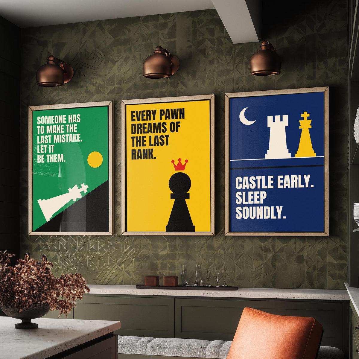 Chess Quotes Set of Three Art Prints - 3 Retro Bauhaus Strategy Posters - Minimalist Game Room Wall Art Illustration V2