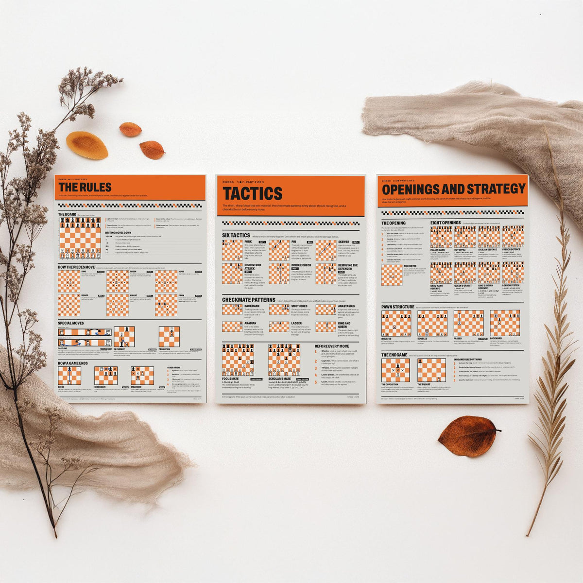 Chess Guide Set of Three Art Prints - The Rules, Tactics, Openings and Strategy - Retro Chess Infographic Poster Illustration