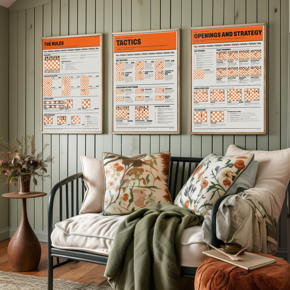 Chess Guide Set of Three Art Prints - The Rules, Tactics, Openings and Strategy - Retro Chess Infographic Poster Illustration