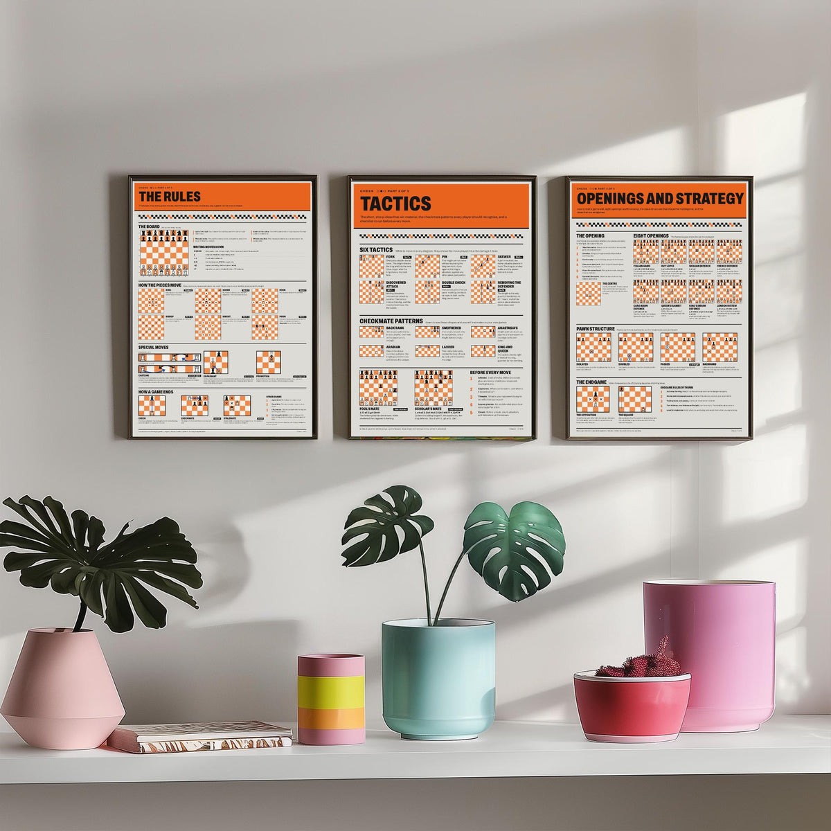 Chess Guide Set of Three Art Prints - The Rules, Tactics, Openings and Strategy - Retro Chess Infographic Poster Illustration