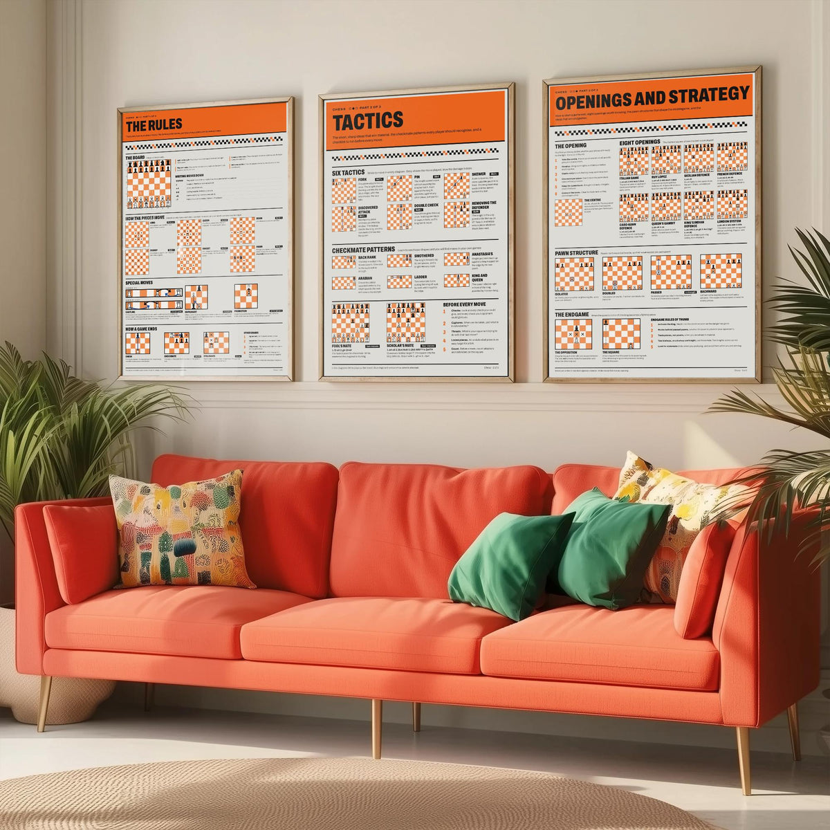 Chess Guide Set of Three Art Prints - The Rules, Tactics, Openings and Strategy - Retro Chess Infographic Poster Illustration