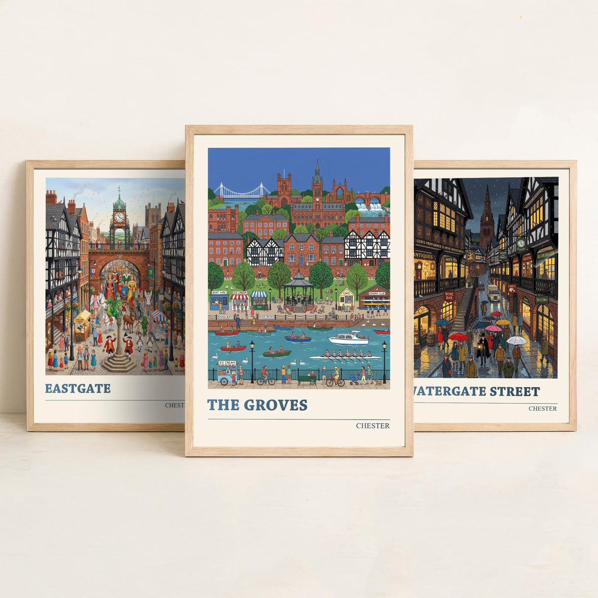 Chester Set of Three Art Prints - Eastgate, Watergate Street, The Groves - 3 Colourful Folk Illustration Travel Posters - Cheshire Painting