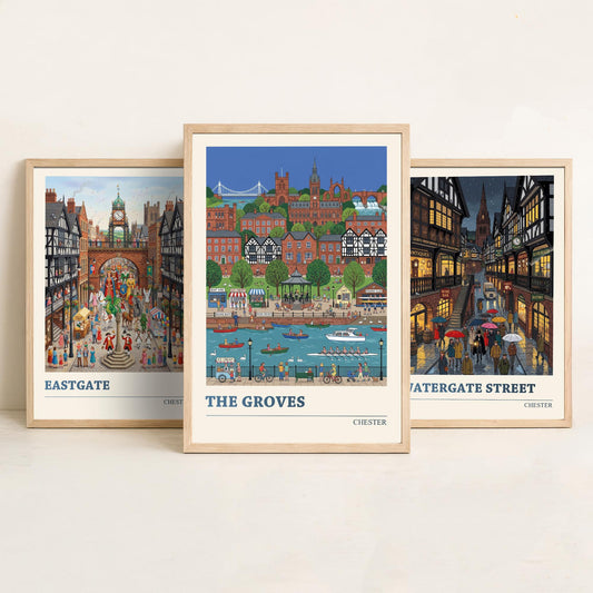 Chester Set of Three Art Prints - Eastgate, Watergate Street, The Groves - 3 Colourful Folk Illustration Travel Posters - Cheshire Painting