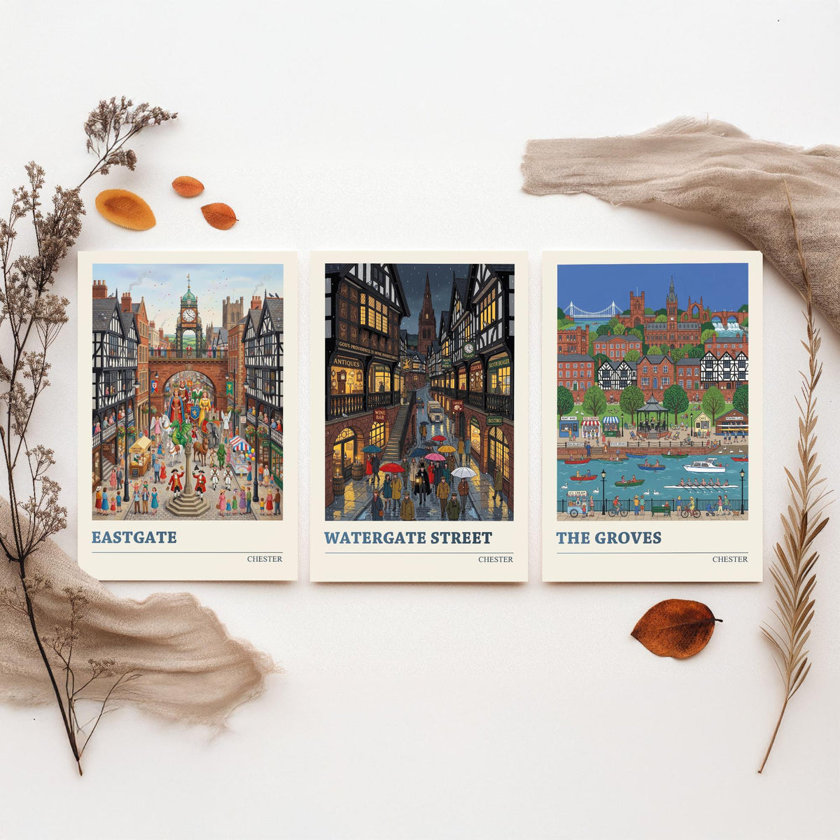 Chester Set of Three Art Prints - Eastgate, Watergate Street, The Groves - 3 Colourful Folk Illustration Travel Posters - Cheshire Painting