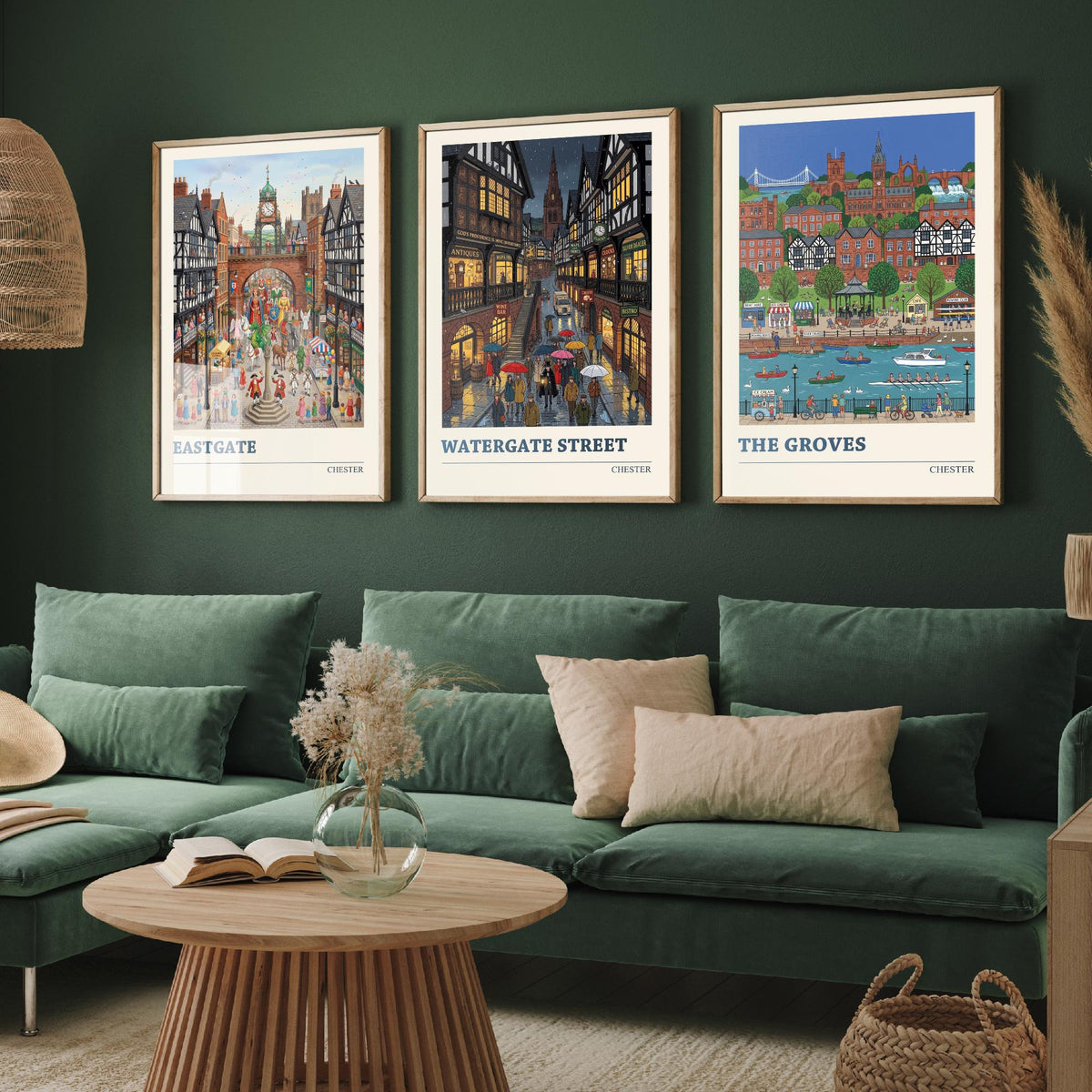 Chester Set of Three Art Prints - Eastgate, Watergate Street, The Groves - 3 Colourful Folk Illustration Travel Posters - Cheshire Painting