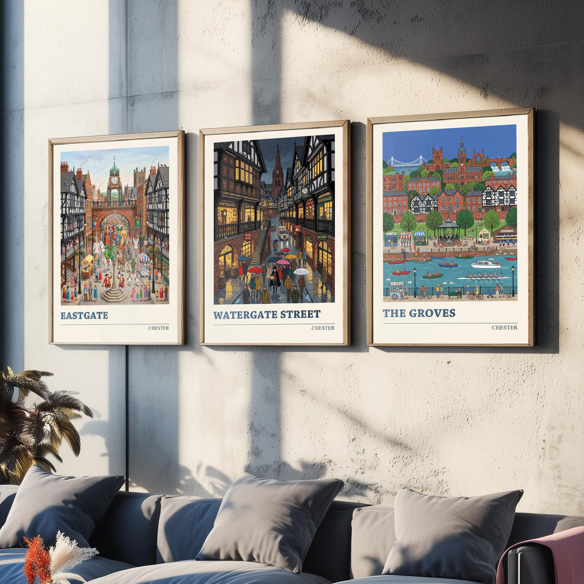 Chester Set of Three Art Prints - Eastgate, Watergate Street, The Groves - 3 Colourful Folk Illustration Travel Posters - Cheshire Painting