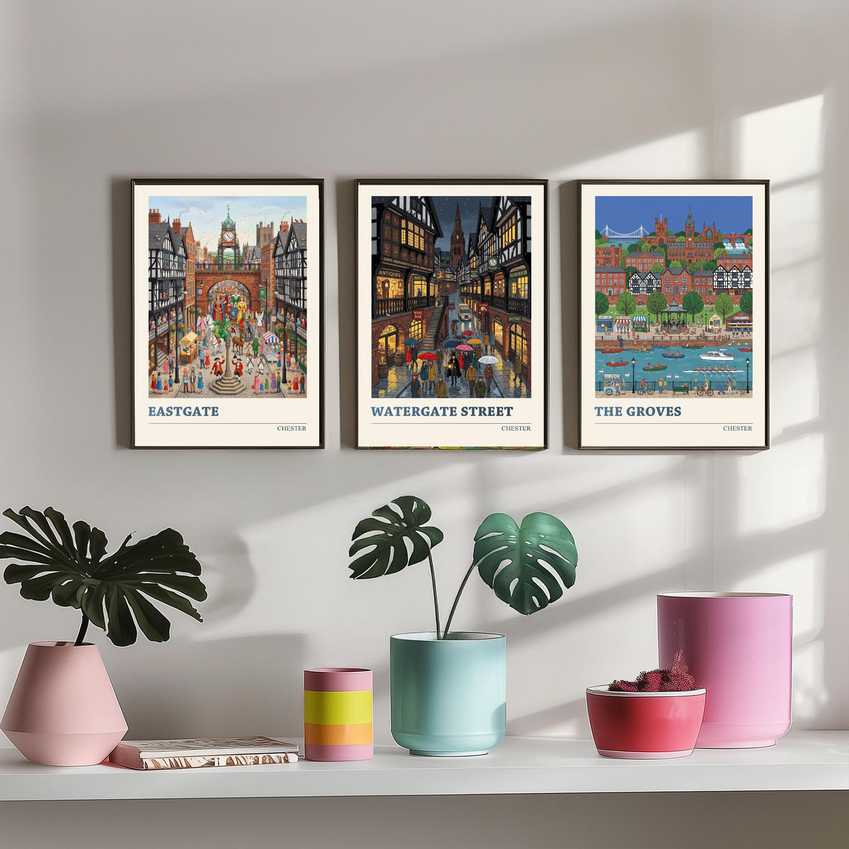 Chester Set of Three Art Prints - Eastgate, Watergate Street, The Groves - 3 Colourful Folk Illustration Travel Posters - Cheshire Painting