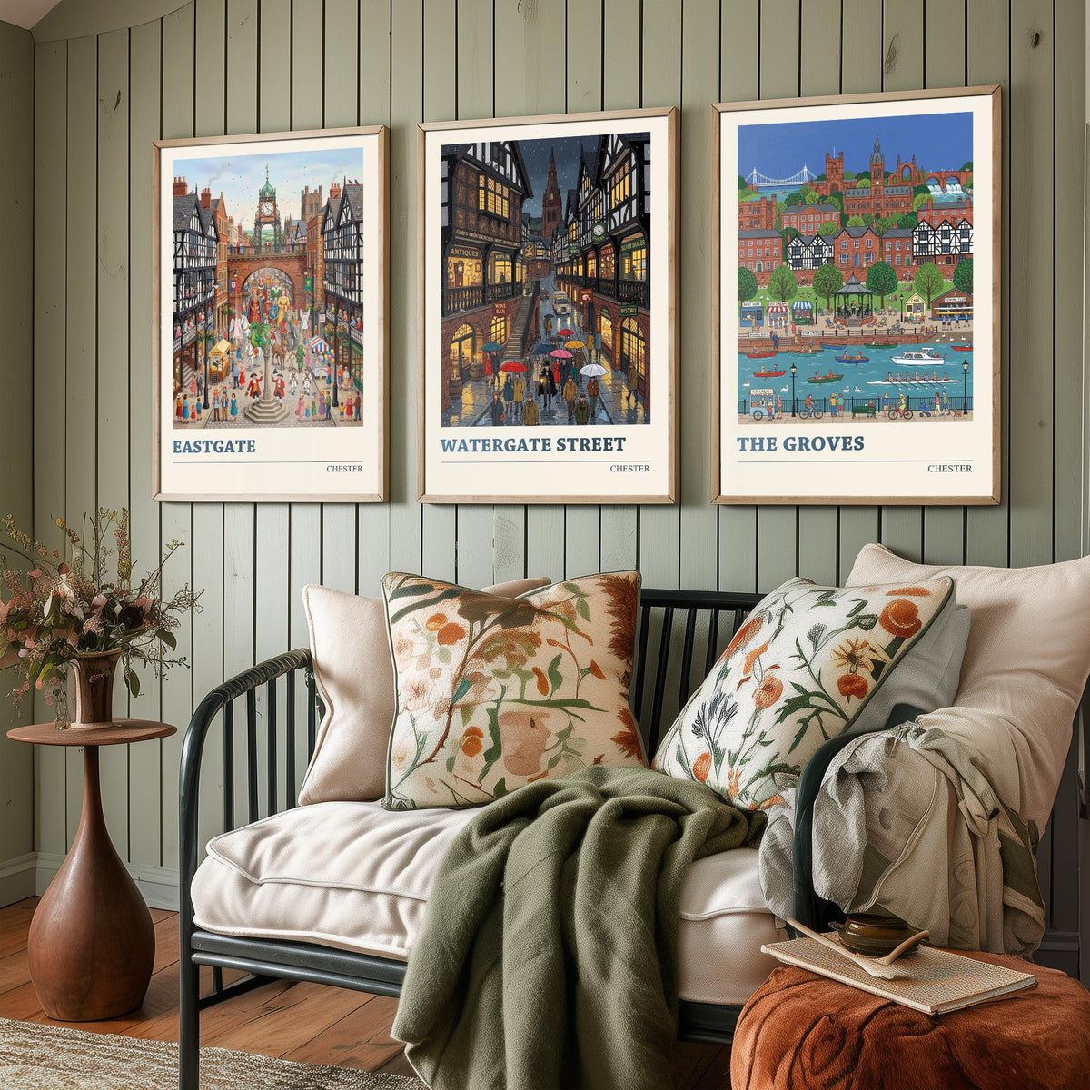 Chester Set of Three Art Prints - Eastgate, Watergate Street, The Groves - 3 Colourful Folk Illustration Travel Posters - Cheshire Painting