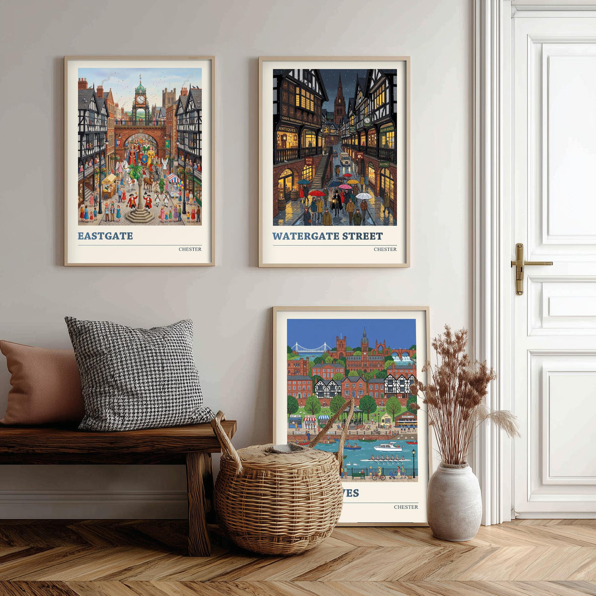 Chester Set of Three Art Prints - Eastgate, Watergate Street, The Groves - 3 Colourful Folk Illustration Travel Posters - Cheshire Painting