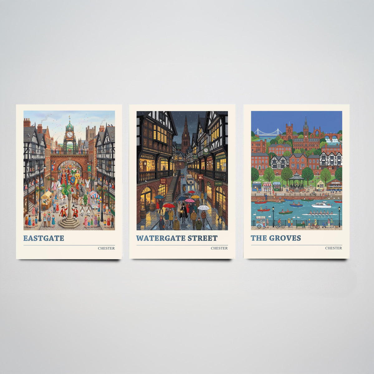 Chester Set of Three Art Prints - Eastgate, Watergate Street, The Groves - 3 Colourful Folk Illustration Travel Posters - Cheshire Painting